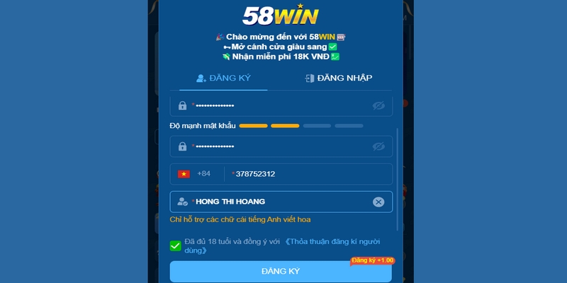 Trong quá trình đăng ký 58WIN thành viên hãy cung cấp thông tin theo chỉ dẫn