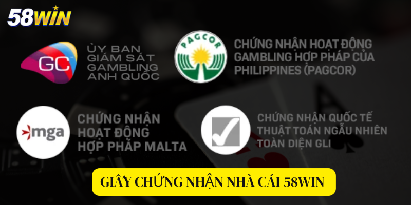 Các giấy chứng nhận hoạt động nhà cái 58win